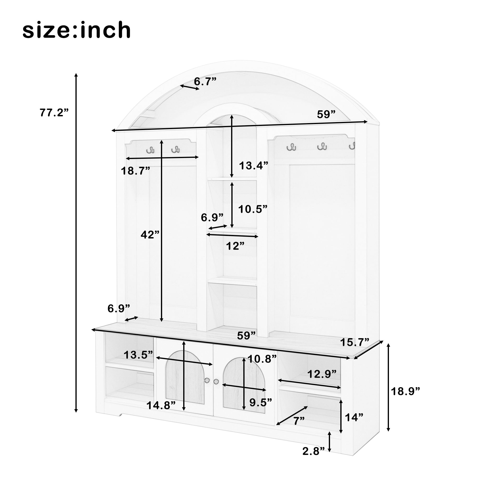 Aukfa Curved Hall Tree Wardrobe with Hooks, Shelves & Shoe Storage,Entryway Wardrobe Organizer for Hallway, Living Room,Black