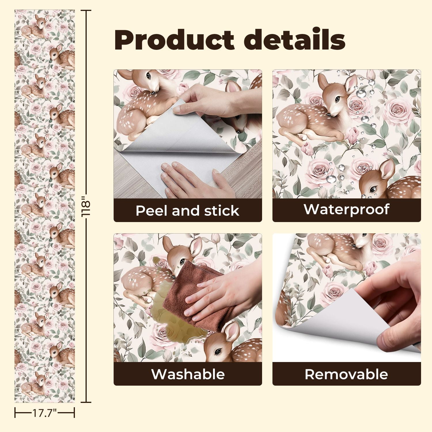 Farmhouse Peel and Stick Wallpaper 17.7in x 9.8ft Baby Deer Fawn Floral Pink Roses Soft Pastel Contact Paper Vinyl Waterproof Self Adhesive Wall Paper for Bedroom Shelf Cabinet Renter Friendly