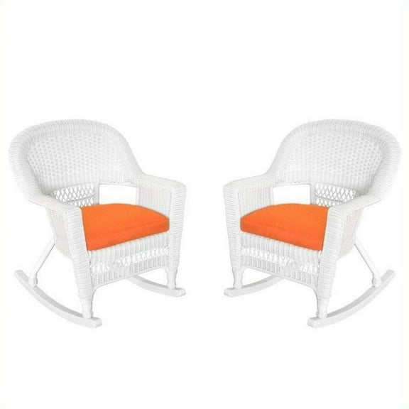 Jeco Rocker Wicker Chair in White with Orange Cushion (Set of 2)