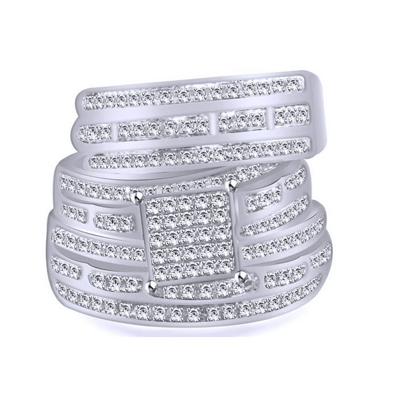 AFFY White Cubic Zirconia Engagement & Wedding Trio Band Ring Set In 10k White Gold (0.65 Cttw)