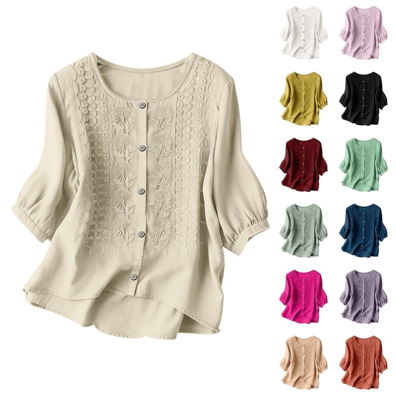 Plus Size Womens Clothes Kelon Women's Embroidered Cotton Linen Button Top Crew Neck 3/4 Sleeve T-Shirt 2026 Spring Summer Fashion Clothes, M