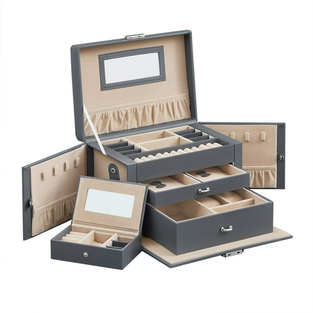 Caja Joyero de 3 Niveles, con 2 Cajones, con Mini Caja Portátil para Viajar, con Asa, Cerradura, Regalo Ideal, Blanco MJBC121W