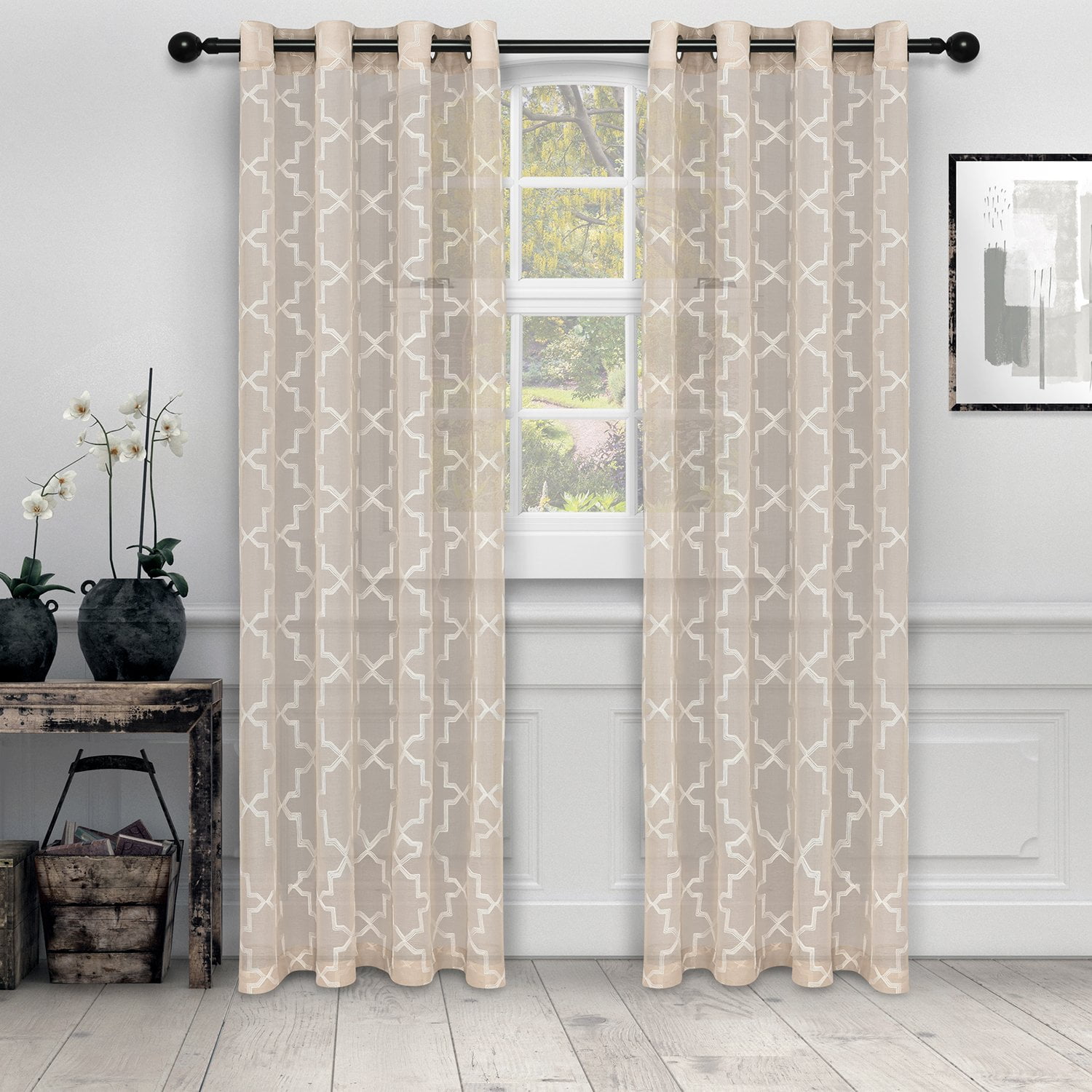 Quatrefoil Diffused Light Printed SemiSheer Curtain Set Beige / 52"x84