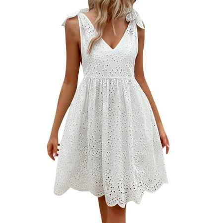 Mohiass Women s Sexy Spaghetti Strap Eyelet Lace Babydoll Dress A Line Beach Party Short Sun Dress White L