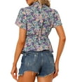 thumbnail image 3 of INSPIRE CHIC Women's Deep V Neck Tops Ruffle Hem Bow Tie Floral Short Sleeve Blouse Purple Black M, 3 of 6