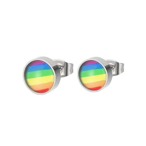 PAURO Unisex Stainless Steel Lgbt Rainbow Earrings for Women Men Gay Lesbian Bisexual Pride Flag Ear Studs