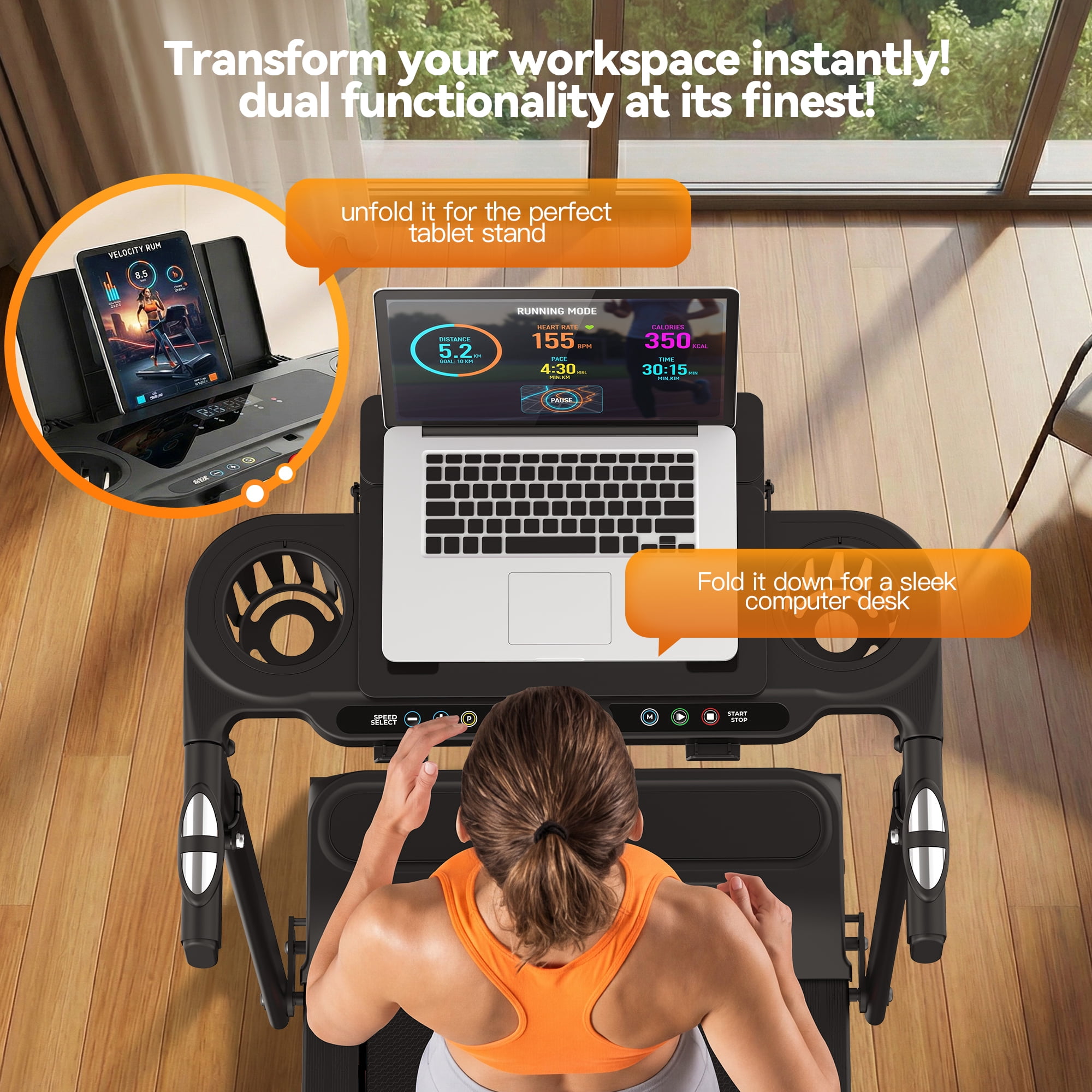 Kismom 8% Incline Treadmill with Adjustable Height & Foldable Workstation, 3.5HP Home Treadmill 300 lbs Capacity, 12 Programs & Heart Rate Monitor