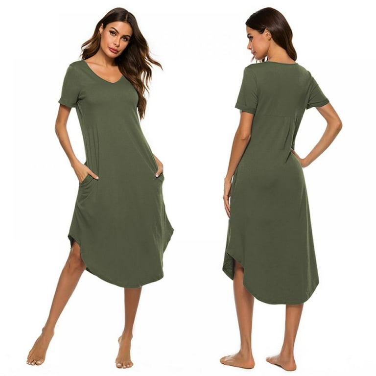 Loungewear for Women, Cotton V Neck Plus Size Night Gowns Short Sleeve Postpartum  Clothes Womens Nightgowns with Pockets, Green 