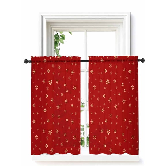 Christmas Red Curtains 45 Inch Length, Sheer Curtains for Bedroom Living Room Window Winter Snowflakes Xmas Retro Rod Pocket Voile Drapes Kitchen Curtains Small Half Window 52"x45" 2 Panels
