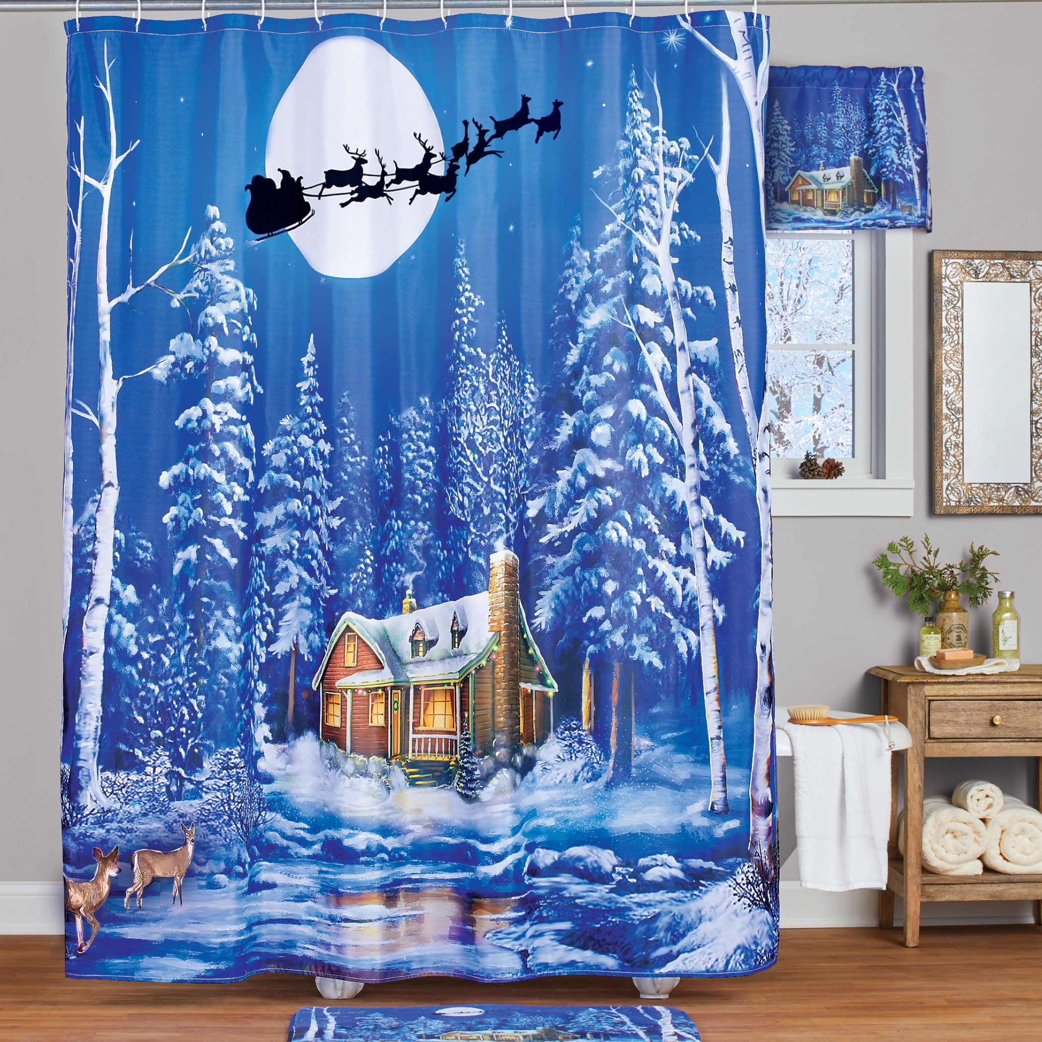 Cabin in the Woods Winter Scene with Flying Santa Shower Curtain