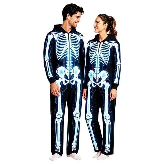 Halloween Onesies Adult Skeleton Hooded Long Sleeve Matching Pajamas for Couples Novelty Trendy Cute Jumpsuit for Women Loungewear Fall Winter Cozy Party Wear