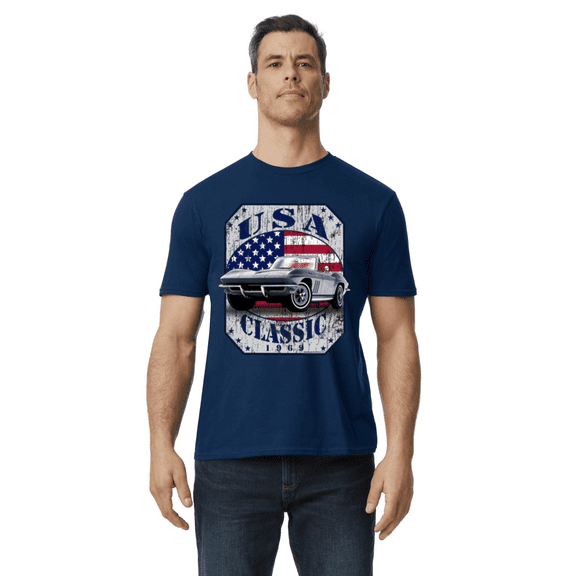 Patriotic USA American Flag Muscle Car T-shirt Short Sleeve Tee Mens Graphic Tees