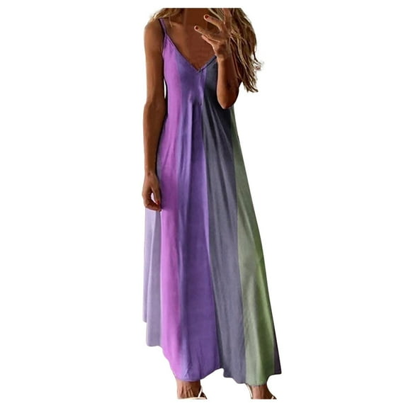 Outfmvch purple dress Ladies Plus Size Loose Stripe Sleeveless V-Collar Long Dress Maxi Dress womens dresses fall dresses