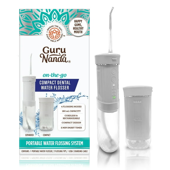 GuruNanda Compact Dental Water Flosser - Travel Size Oral Irrigation - 180ml Tank- White