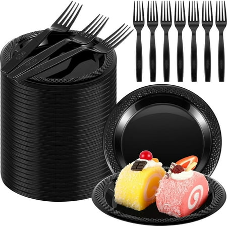 

600 Pcs 6 Inch Plastic Dessert Plates with Forks Include 300 Pcs Disposable Appetizer Plates 300 Pcs Plastic Forks for Salad Dinner Parties (Clear)