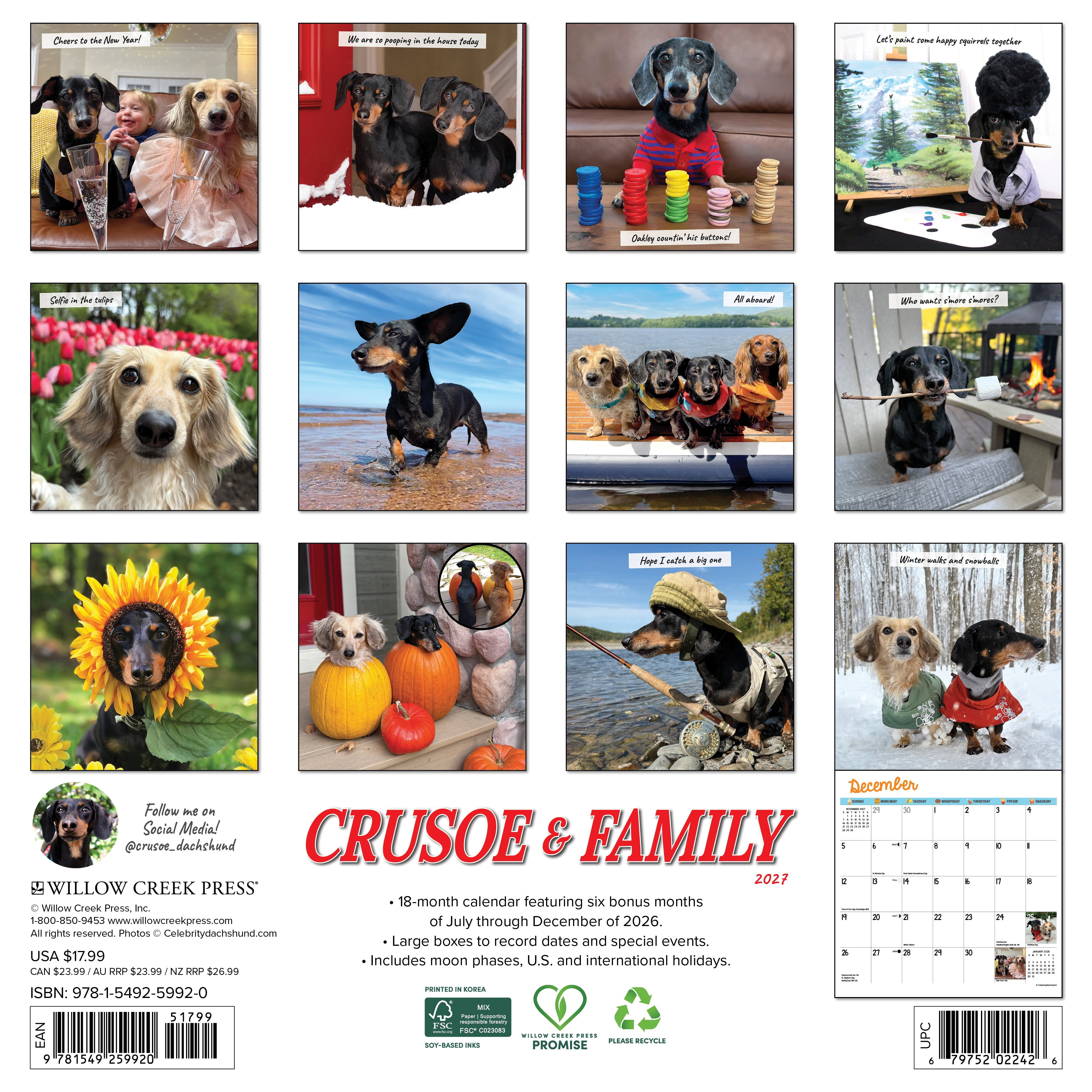 Willow Creek Press, Crusoe the Celebrity Dachshund 2027 Wall Calendar