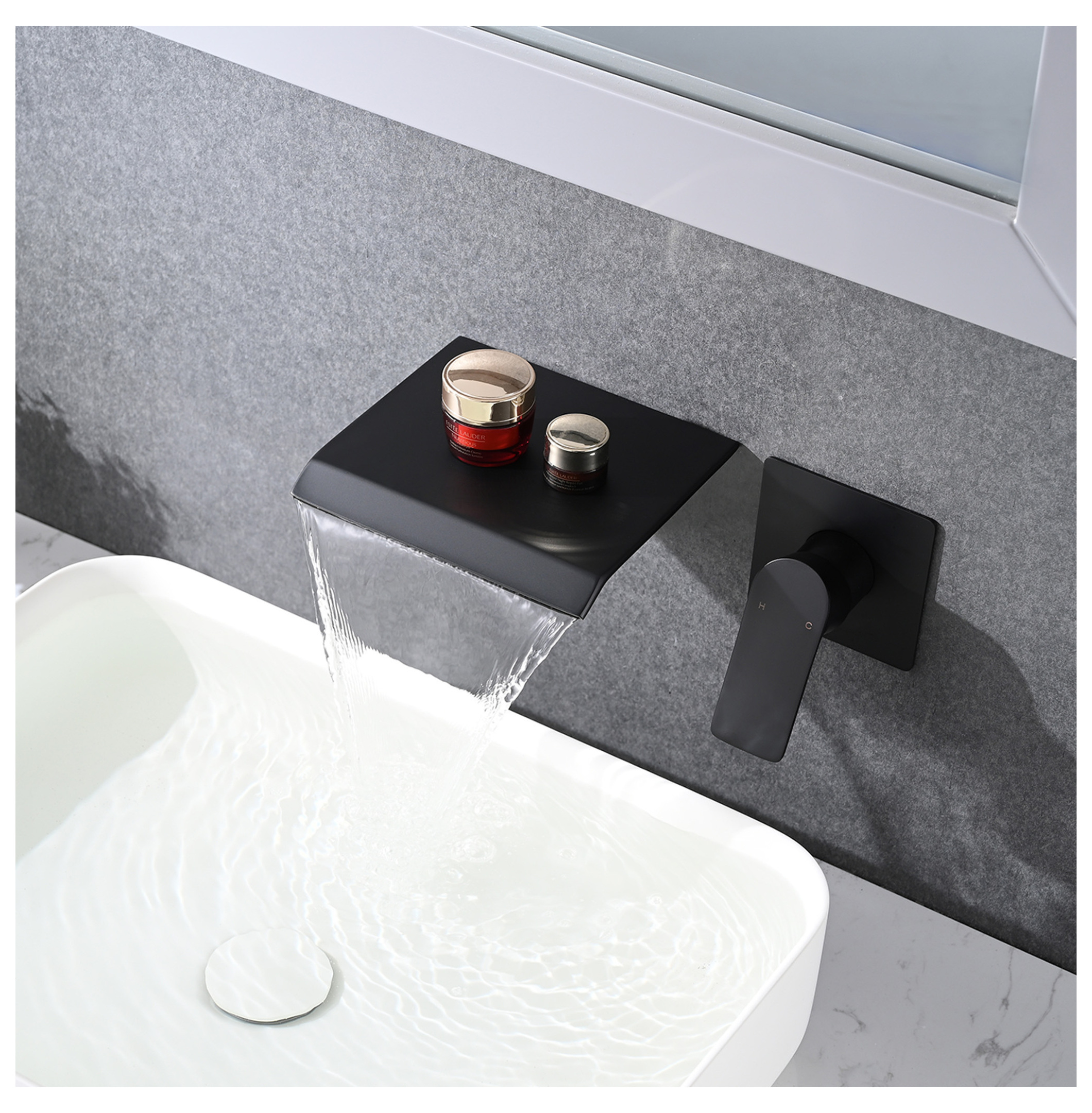 Matte Black Wall Mount Bathtub Faucet - Single Handle Modern Waterfall Tub Spout with Rough-in - Stainless Steel Bathroom Sink Faucet