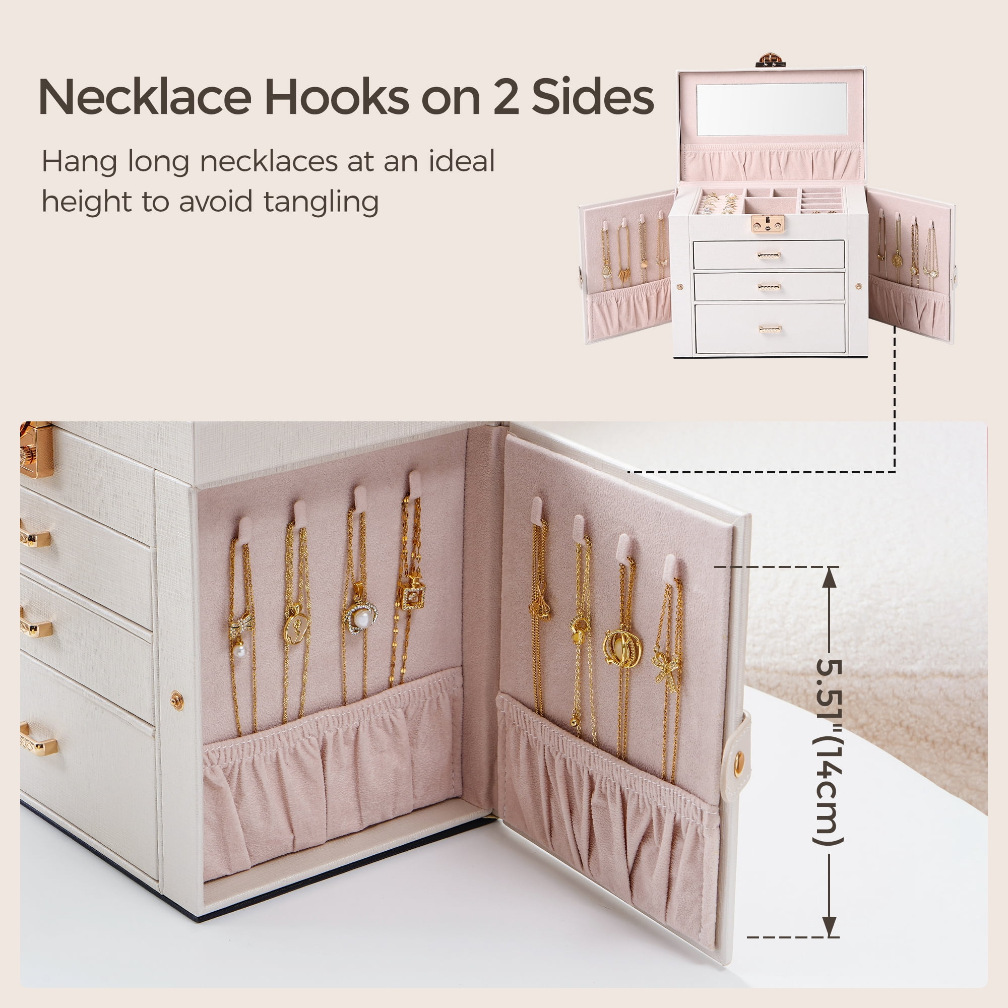 Casegrace 4-Tier Huge Jewelry Organizer with Small Jewelry Case, Built-in Large Mirror Case, 2 Side-door Necklace Display Holder, 3 Drawers Storage Jewelry Box for Earrings, Rings, Bracelets, Watches