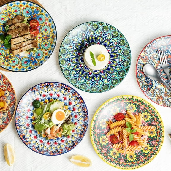 Ceramic Dinner Plates, Small Salad Dessert Plate Set of 6, Colorful Bohemian Plates for Appetizers, Snacks, Fruit, Plate Set for Kitchen & Restaurant, Microwave, Oven and Dishwasher Safe