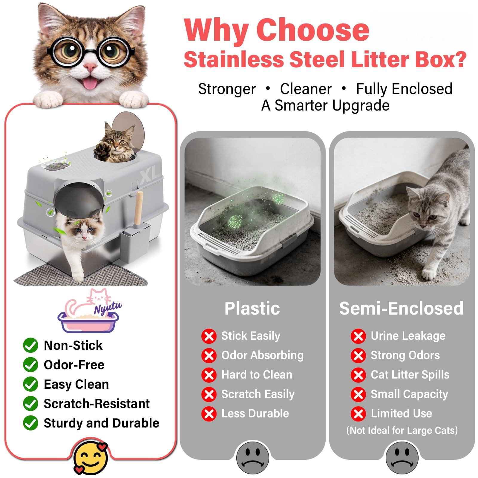 Enclosed Stainless Steel Cat Litter Box With Lid  Xl Large Metal Odor-free/anti-leakage & Non-stick/easy Clean High Sided Mat Scoop For Big Cats