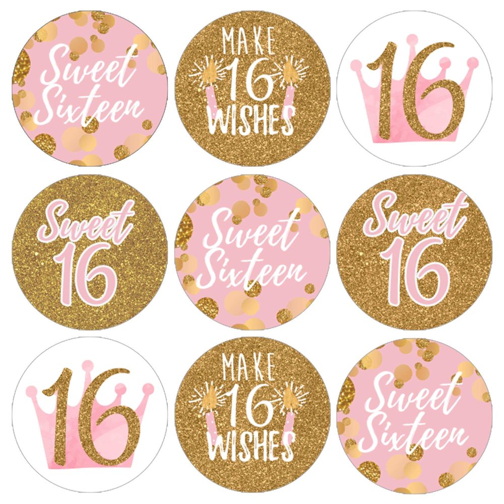 Pink and Gold Sweet Sixteen Stickers 180 Party Favor Labels