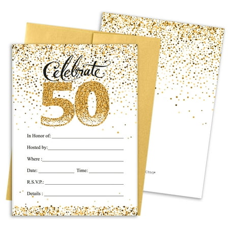 Flat Card Invites 50th Birthday Party Invitations | 10 Cards | 5x7 Invites with Envelopes | White and Gold ()