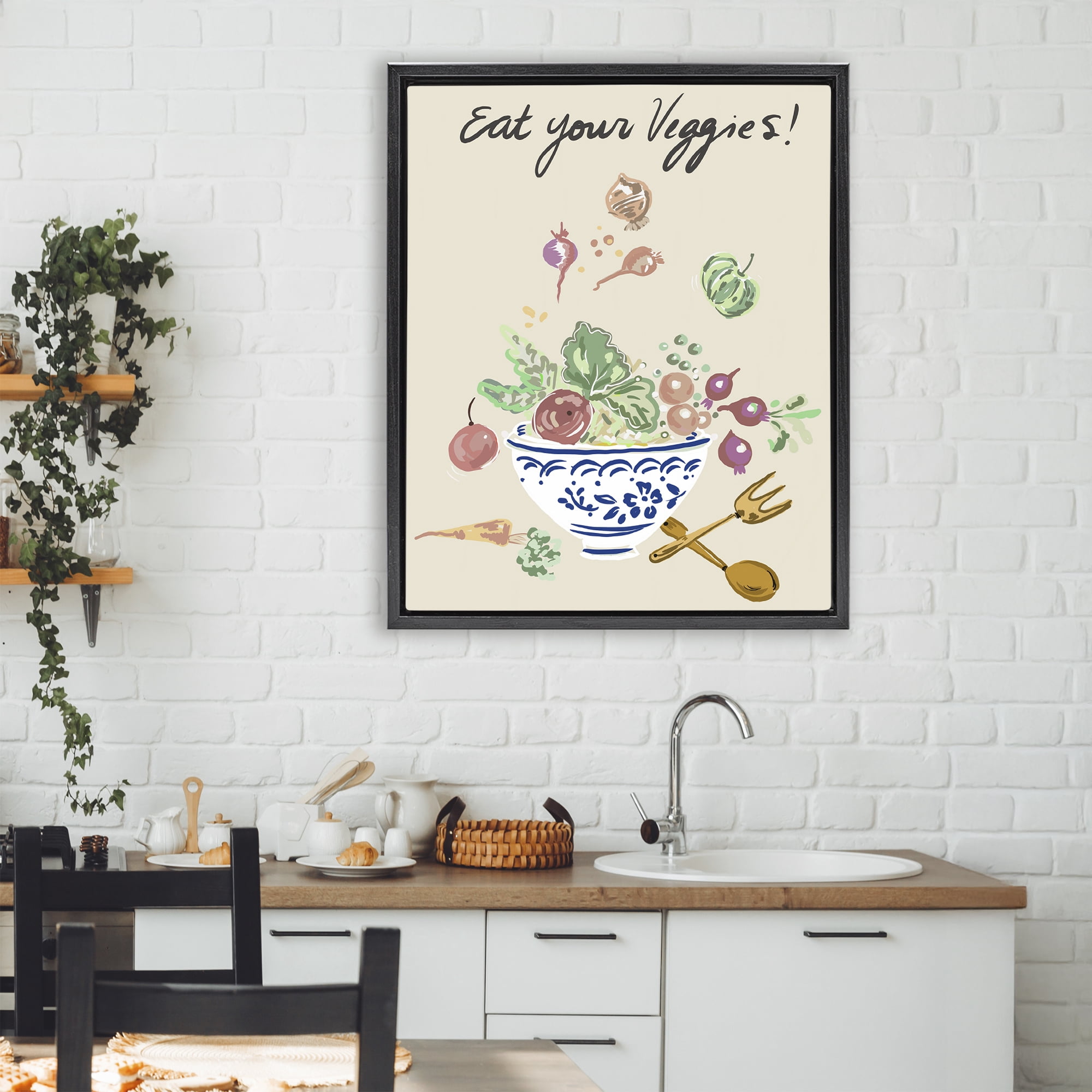 Stupell Industries Eat Your Veggies Bowl Black Framed Floater Canvas Wall Art, design by Ani Del Sol