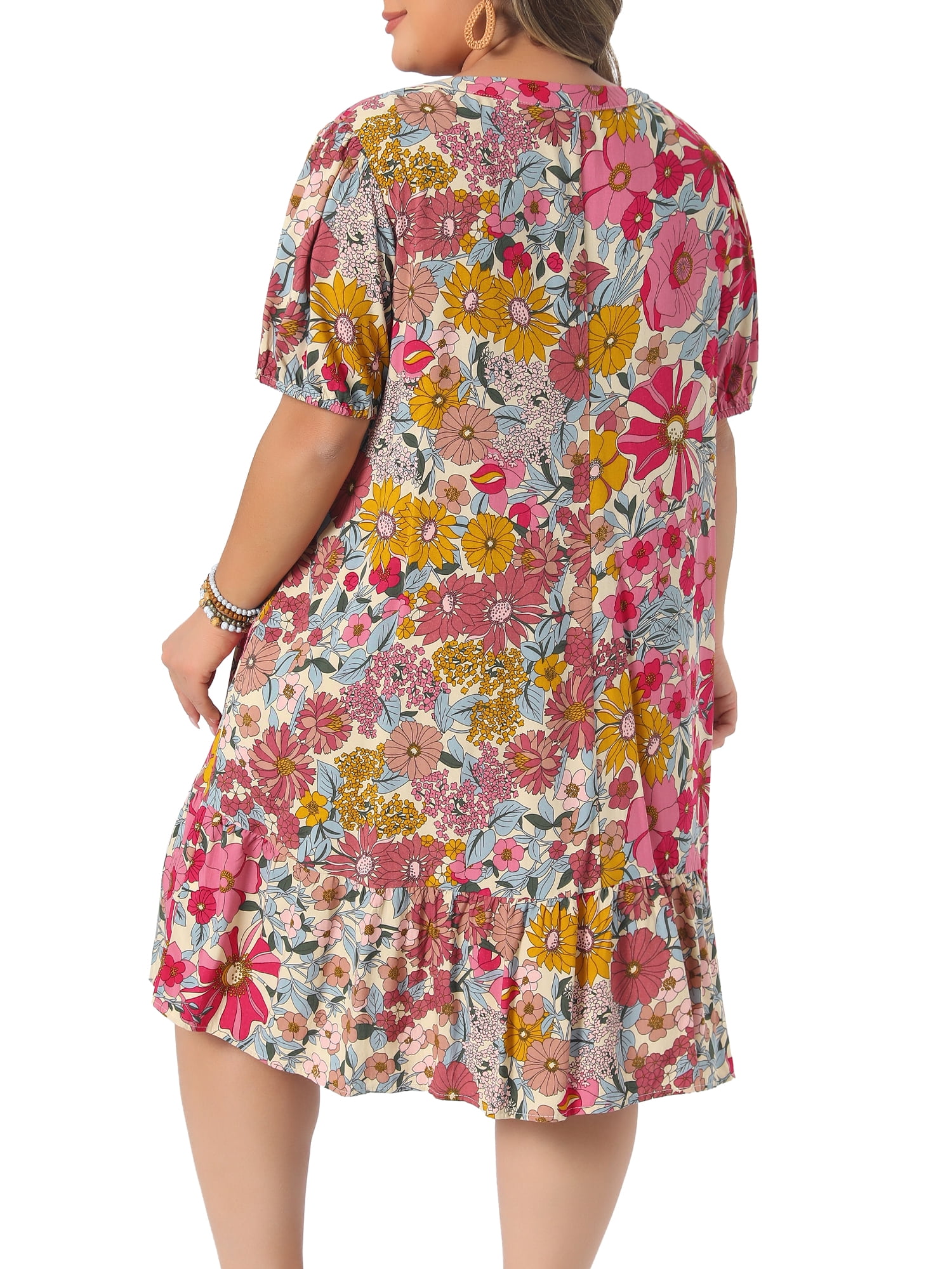 DARING DIVA Women's Plus Summer V Neck Short Sleeve Midi Dress 1X Pink