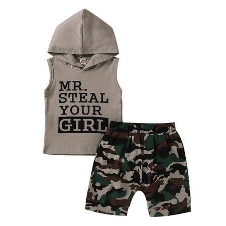 

Jerdar Summer Clothes Set for Kids Toddler Baby Boy Alphabet Sleeveless Hoodie Camouflage Print Shorts Suit Gray 6-12month