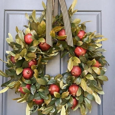 20 Inch Artificial Fall Fruit Wreath with Faux Pomegranate and Green Leaves, Summer Grain Harvest Thanksgiving Wreath for Front Door Wall and Home Decoration