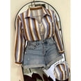 thumbnail image 3 of Women's French Boho Blue Brown Striped Draped Blouse Button Front Loose Fit Long Sleeve Top with Pocket for Layering with Necklaces, 3 of 3