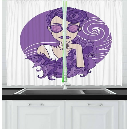 Diva Curtains 2 Panels Set, Glam Lady with Short Grunge Hair Wearing Purple Shade Clothes Sunglasses, Window Drapes for Living Room Bedroom, 55W X 39L Inches, Violet White Eggshell, by Ambesonne