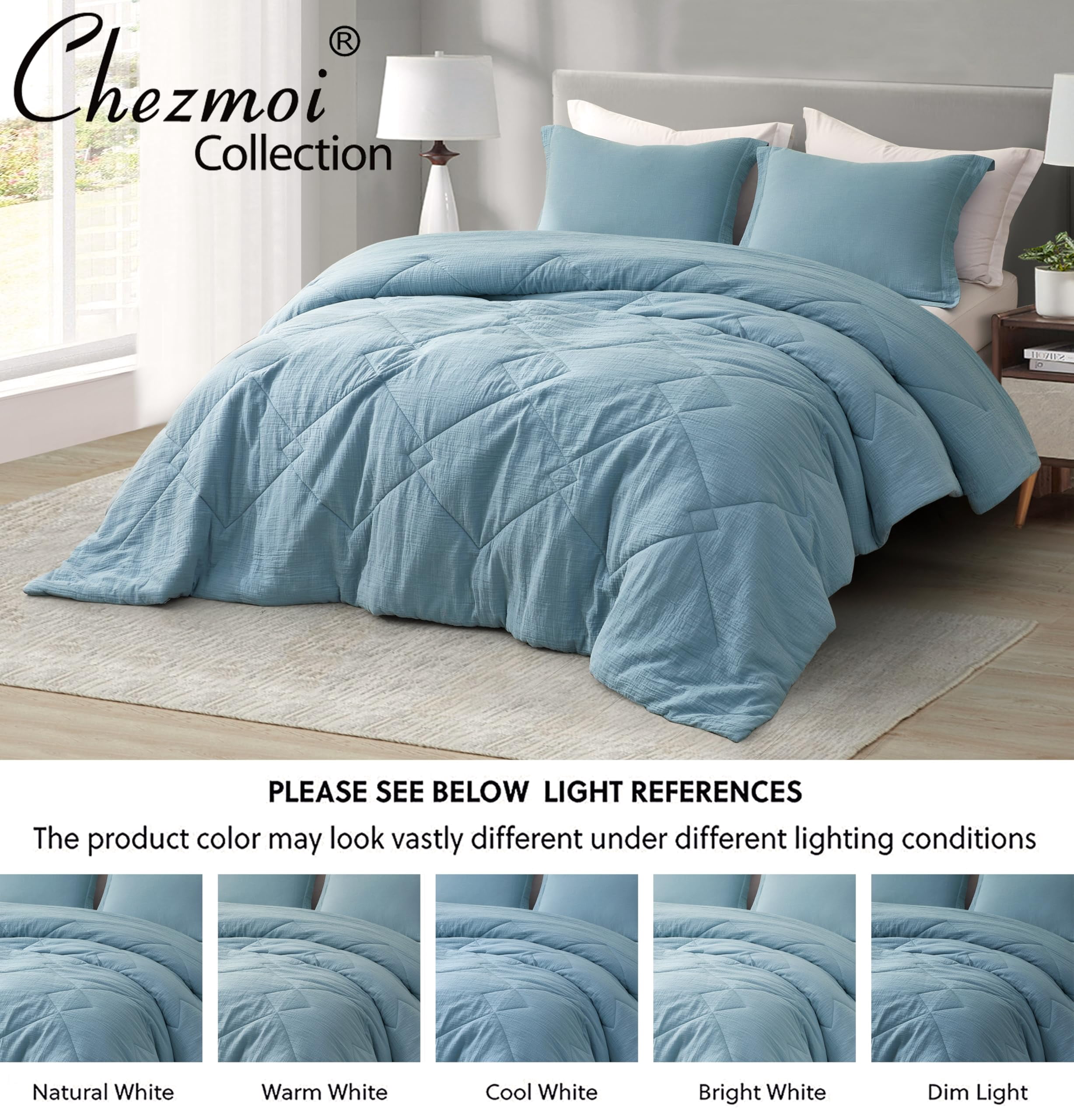 Chezmoi Collection Skye 3-Piece 100% Cotton Muslin Thin Comforter Set Oversized King, Lake Blue Reversible Soft Washed Cotton Gauze Breathable Lightweight Summer Blanket