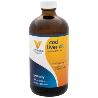 The Vitamin Shoppe Cod Liver Oil, Natural Orange Flavor, Natural Rich Source of Vitamins A  D, Natural Source of Omega3s, Supports Heart  Brain Health (16 Fluid Ounces