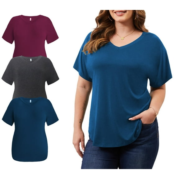 DDLUYY 3 Pack Women’s Plus Size Tops Tunic Short Sleeve V Neck Shirts Casual Soft Blouse 1X-5X