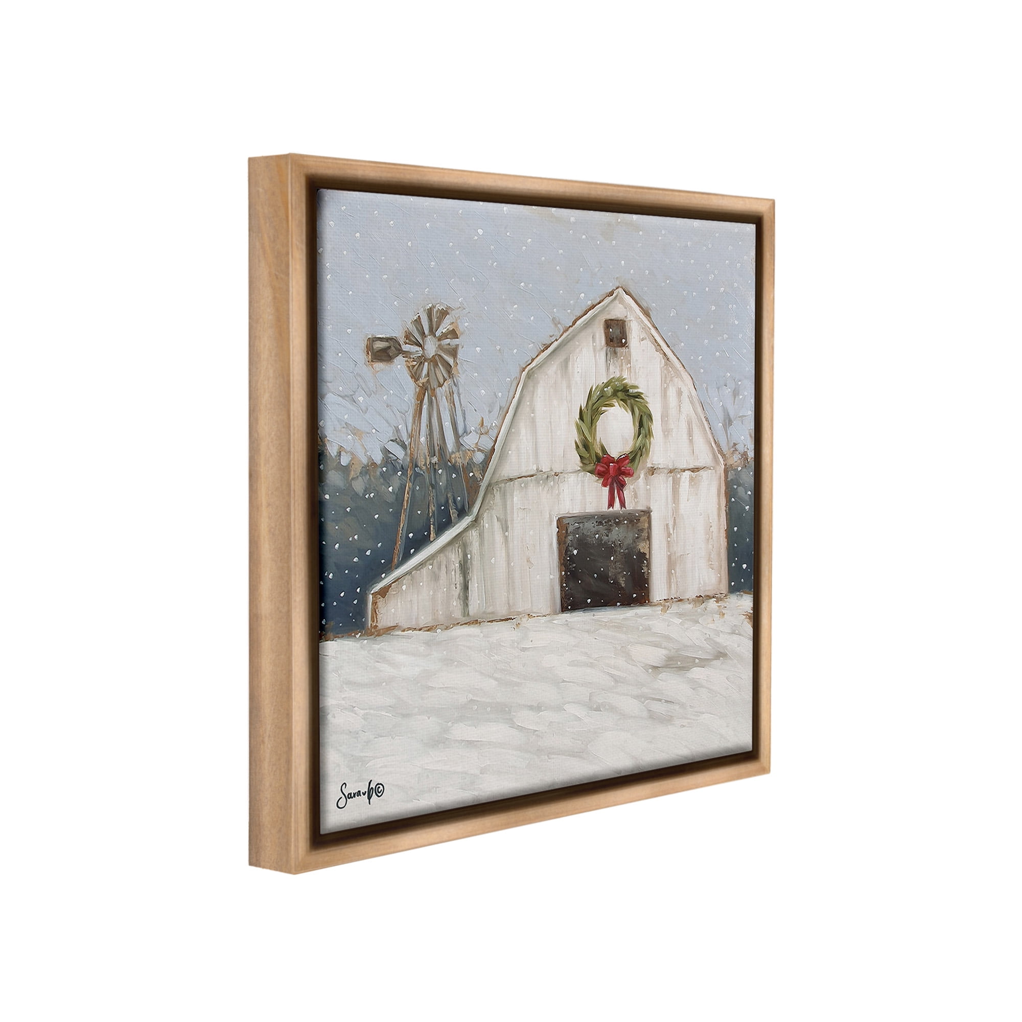 Stupell Industries Winter Barn with Snowflakes Landscape Painting Brown Floater Framed Canvas Art Print Wall Art, 25 x 25