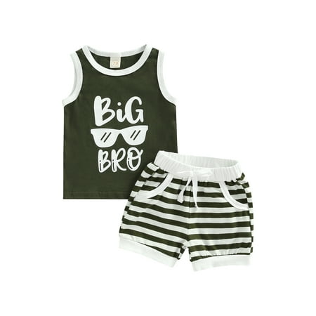 

Chollius Toddlers Baby Boys Summer Outfits Letter Glasses Print Crew Neck Sleeveless Vest Striped Drawstring Shorts 2Pcs Sets