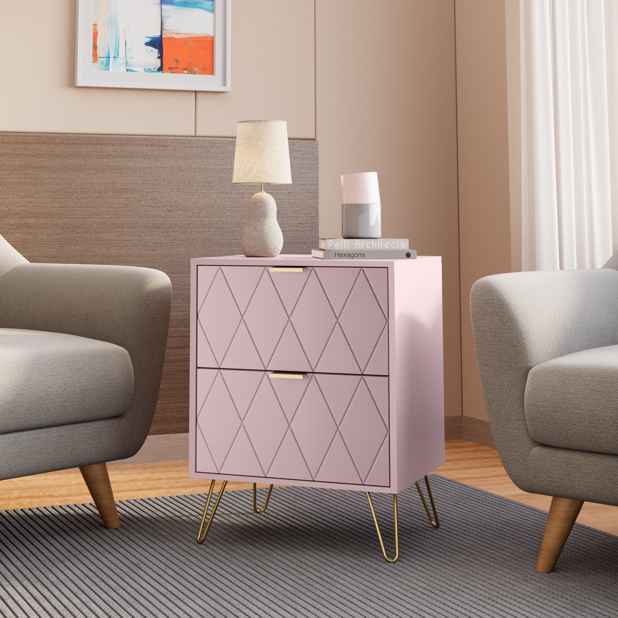 Eclife Set of 2 Pink Nightstands Gold Handles and Legs Wide Sturdy Side Table Cabinet for Bedroom Home Adult Kids