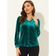 thumbnail image 2 of Blusa de mujer con cuello en V y manga larga de terciopelo con pliegues delanteros y botones Verde L, 2 of 5