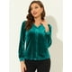 thumbnail image 2 of Blusa de mujer con cuello en V y manga larga de terciopelo con pliegues delanteros y botones Verde L, 2 of 5