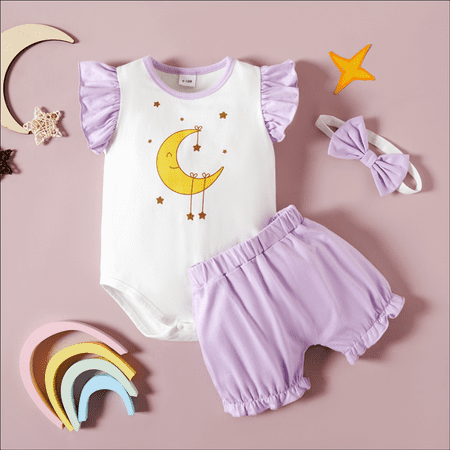 

YEEDISON Summer Baby Girl Clothes Set Cotton Cartoon Moon Star Flying Sleeve Tops+short Pants+headband 3 Pcs Sets Infant Clothes for 3-18M