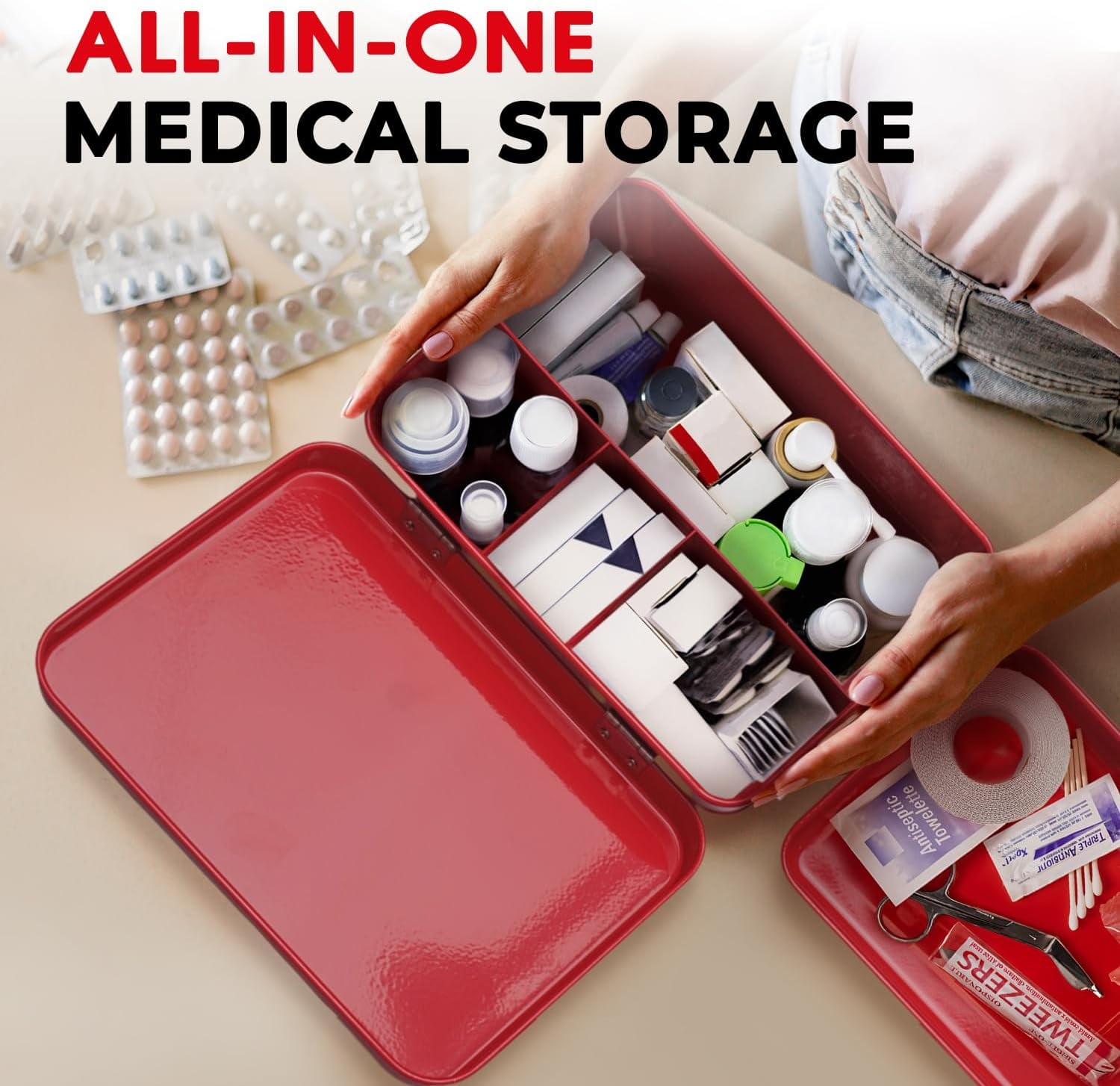 Plexon 8.5" Metal First Aid Box Empty, Medicine Storage Bin with Lid, Emergency Supplies Organizer, Portable First Aid Kit Case, Red
