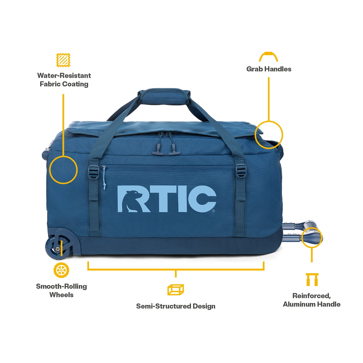 RTIC Road Trip Rolling Duffle Bag, Large, Water Resistant and Wheeled, Navy & Denim