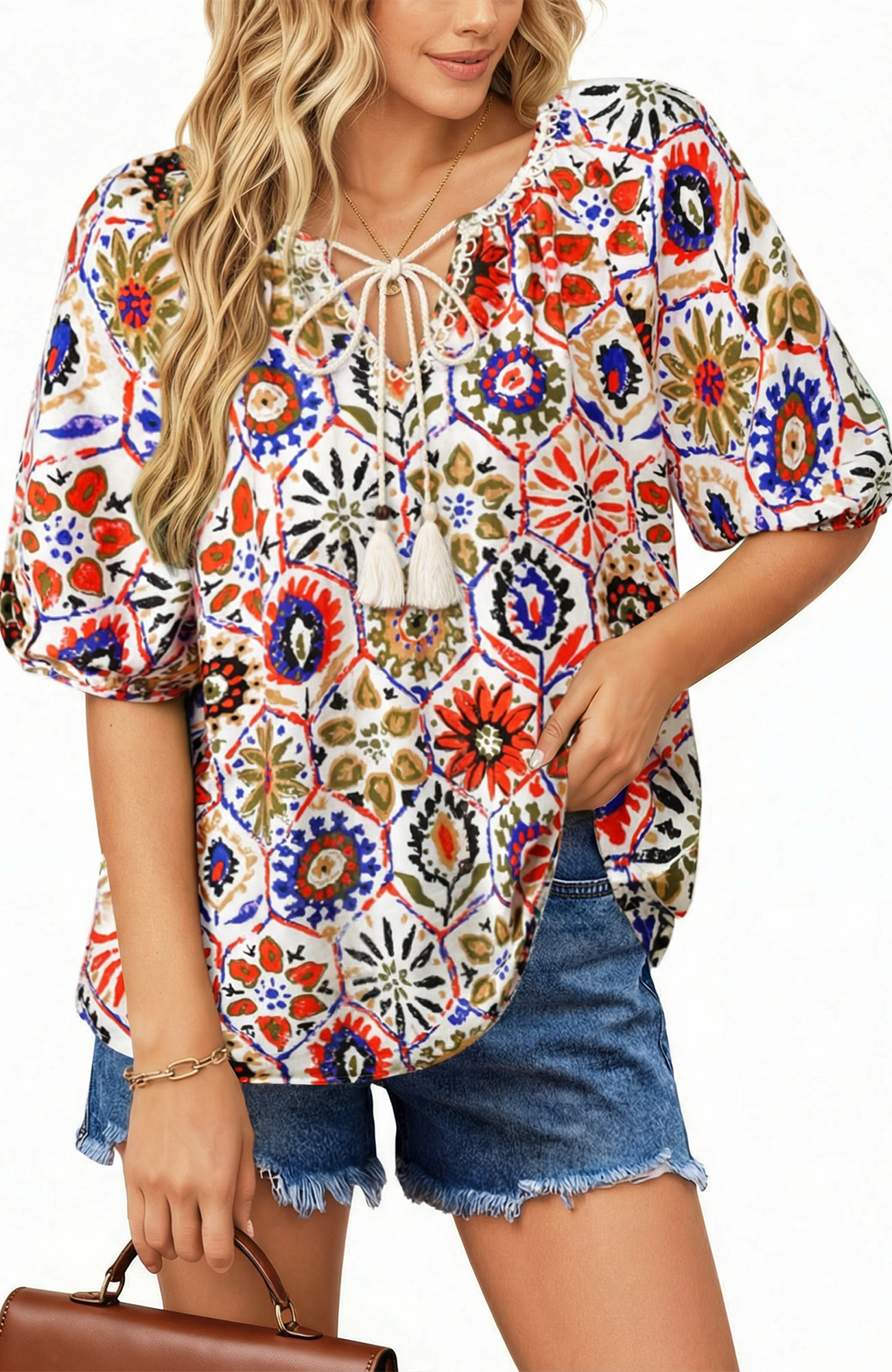 UVN Women's Boho Floral Tie-Front Blouse, Multicolor