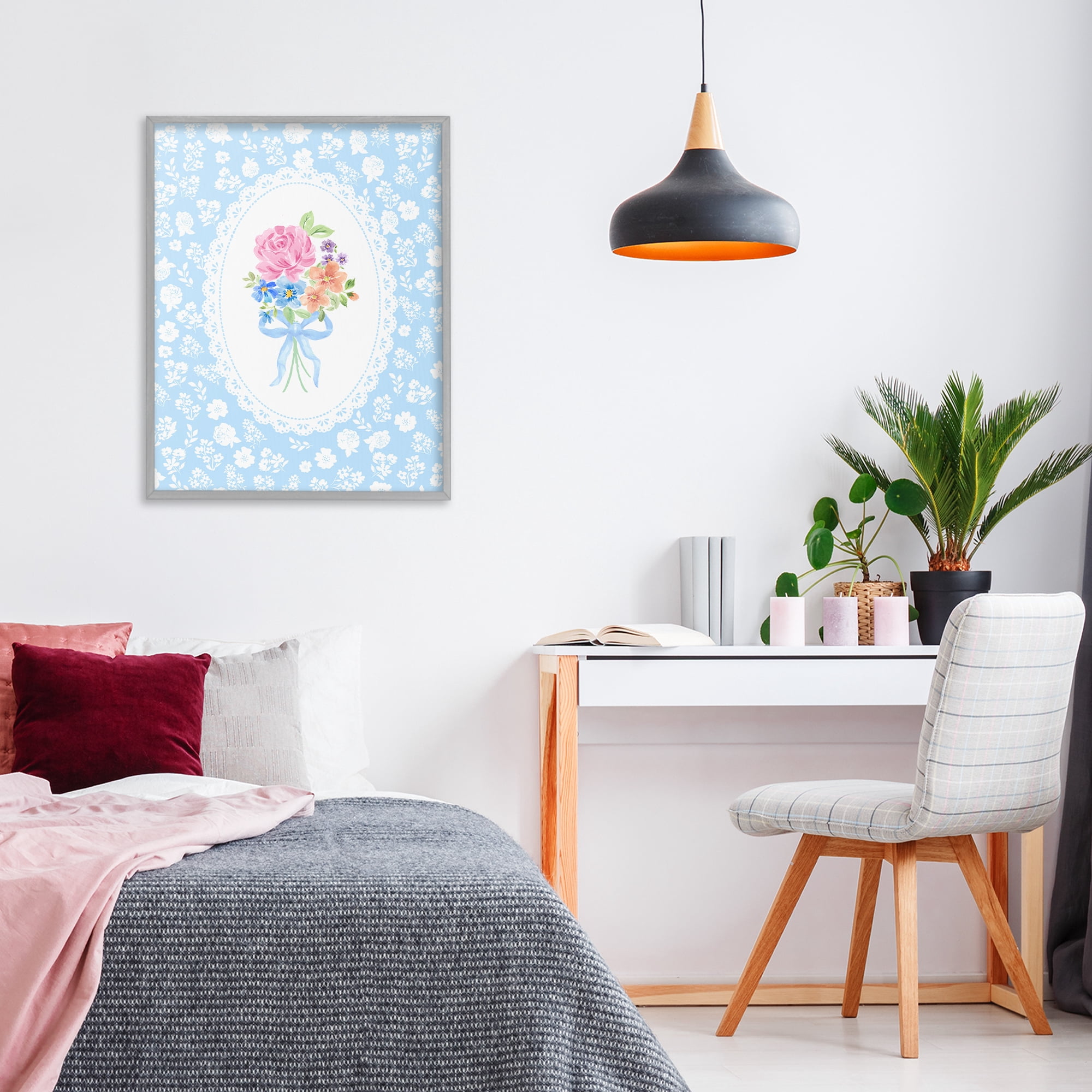 Stupell Industries Blue Feminine Bouquet Gray Framed Giclee Art, design by Corinne Haig
