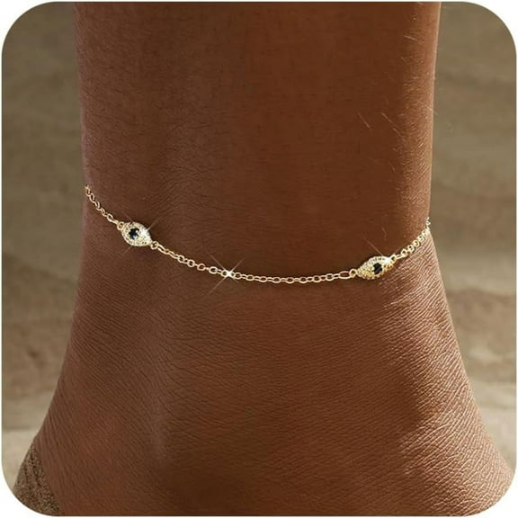 Gold/Silver Ankle Bracelets for Women,14K Gold Plated Anklets for Women Waterproof Pearl Heart Beads Evil Eye Rhinestone Anklets Set Layered Anklet Bracelets for Women Gold Jewelry