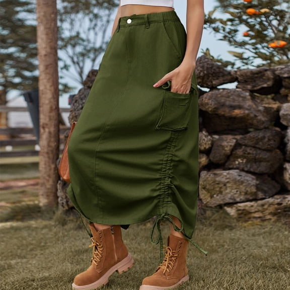 BSDJILFG Denim Skirts for Women Casual Skirt Elastic Waist Cargo Skirt Distressed Layering Side String Workwear Skirt