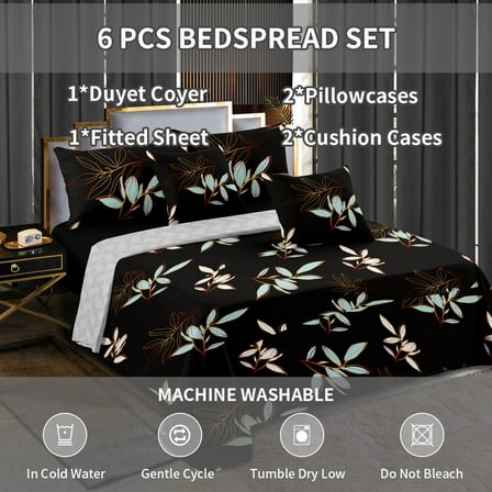 6-piece Bedding Set, Including: 1 Duvet Cover, 2 Pillowcases, 2 Pillowcases, 1 Fitted Sheet, Queen/King/Cal King Size, Black And Floral, Bedroom Comfort Set, Machine Washable,