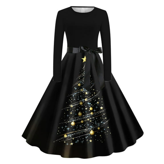 Lorytime Christmas 50s Dresses for Women Plus Size Stars Crew Neck A Line Dress Long Sleeve Party Dresses with Belt