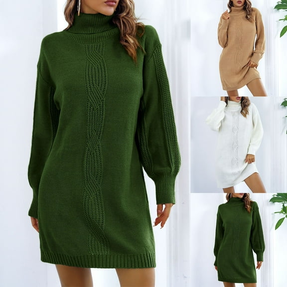 SMihono Fashion Women Chunky Cable Knit Turtleneck Midi Sweater Dresses 2025 Spring Trendy Lantern Long Sleeve Pullover Dress Army Green 6